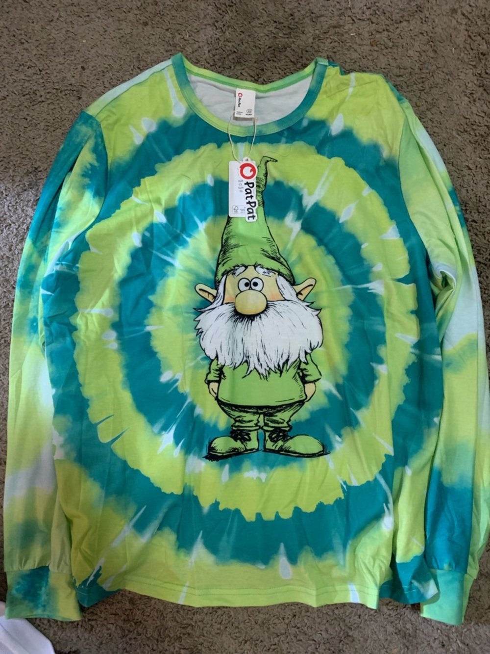 PatPat Spiral Tie-Dye Gnome Long Sleeve Shirt - Lime & Teal